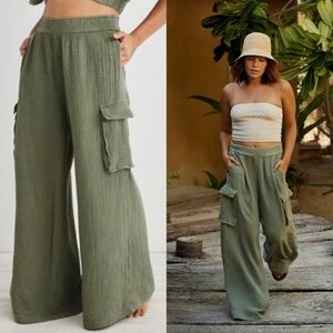 Aerie High Waisted 100% Cotton Gauze Cargo Pants Wide Leg Sage Green Size Medium